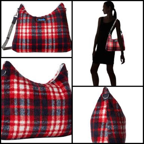 Kavu Fairview Plaid Rope Plush Shoulder Travel Bag Red and Blue Preppy Academia - Picture 1 of 14